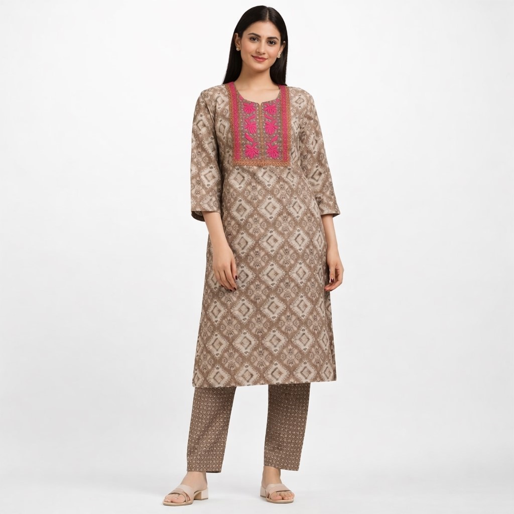 Women’s Brown Printed Kurti 2 Pc Set with Embroidery