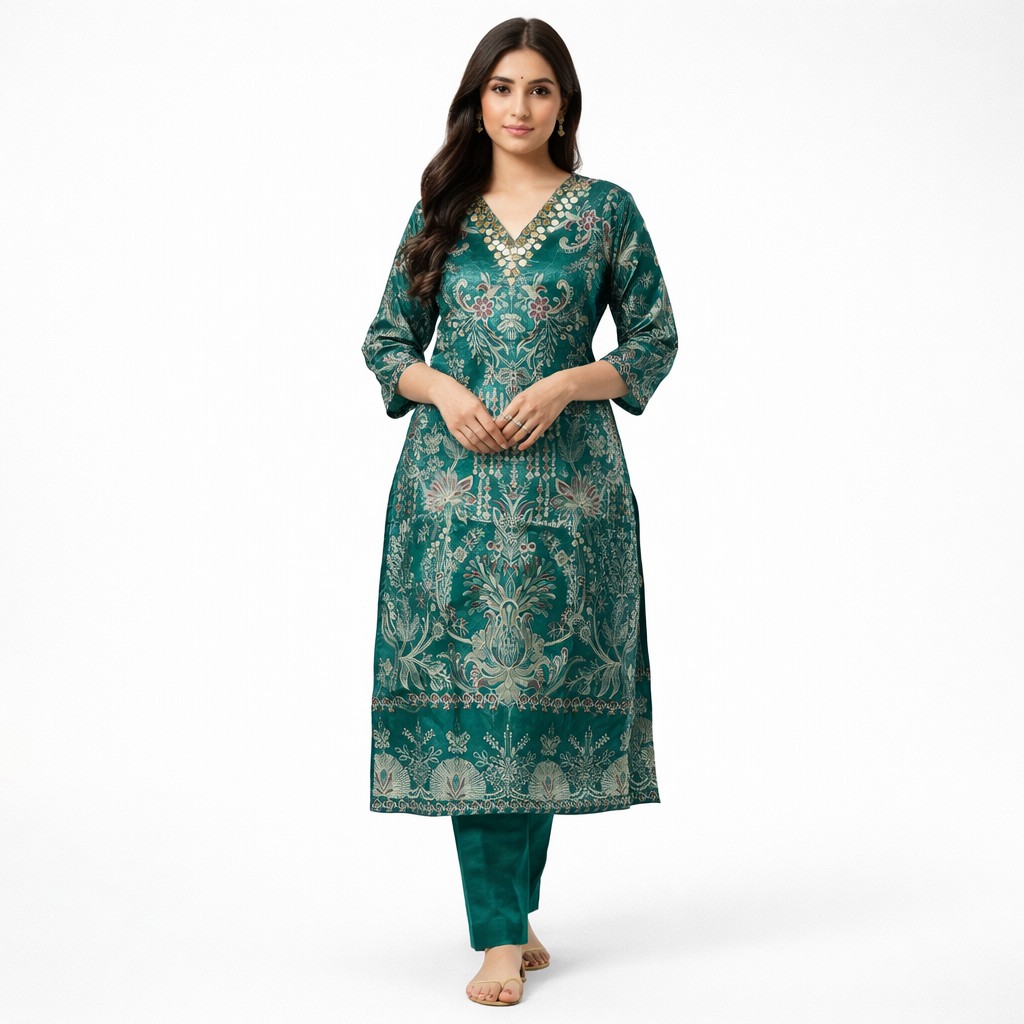 Emerald Green Party Wear Stylish Print Salwar Suit Set with Dupatta