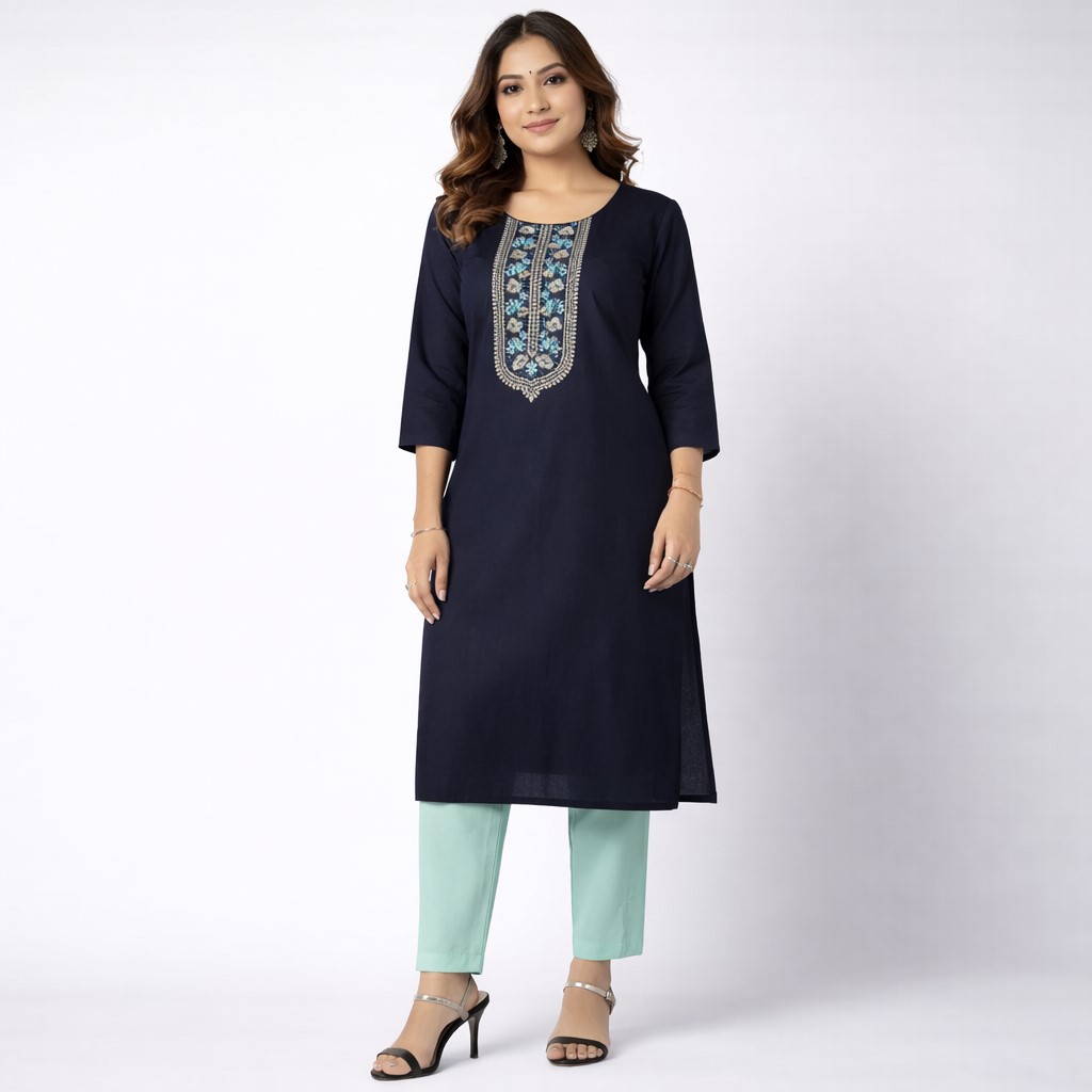 Navy Blue Kurti 2 Pc Set with Embroidered Neck
