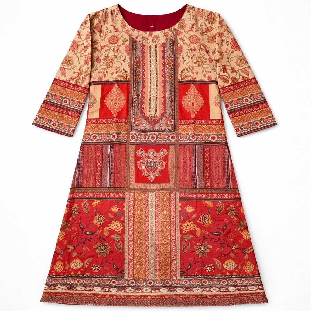 Dark Red Printed and embroidered Suit Set with Dupatta