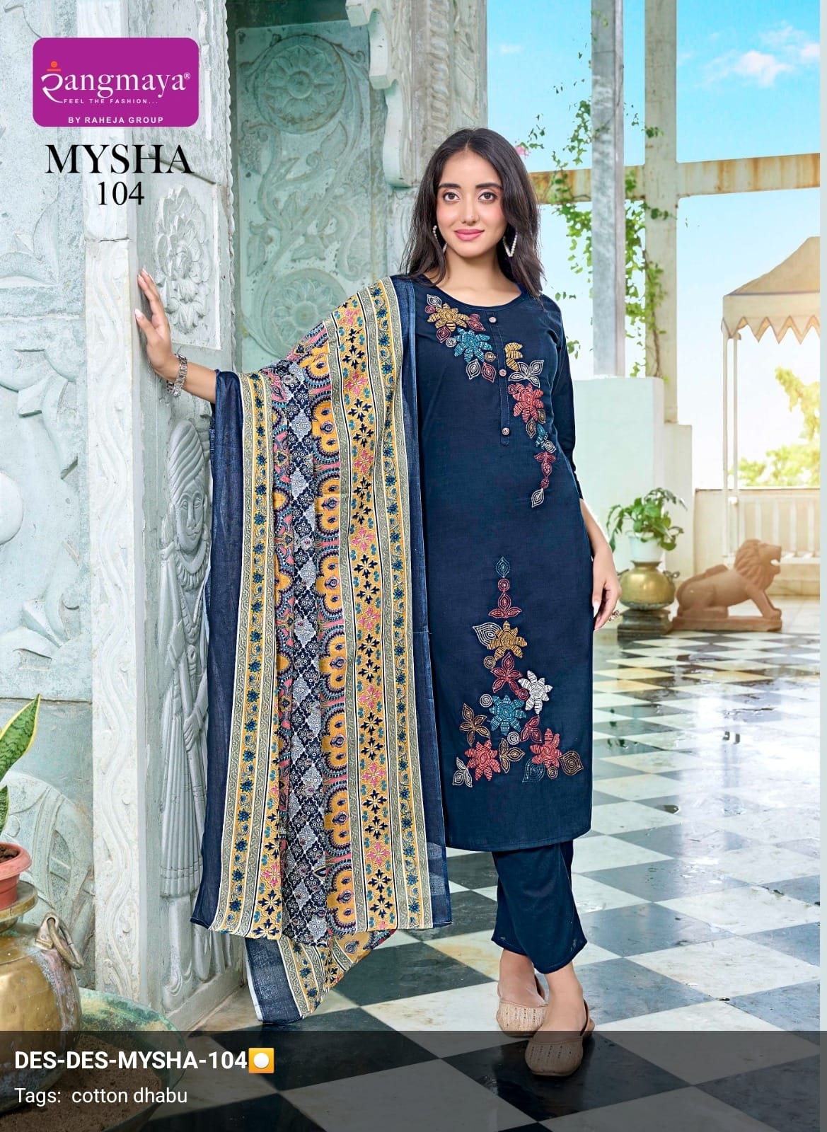 Mysha Navy Embroidered Cotton Suit Set