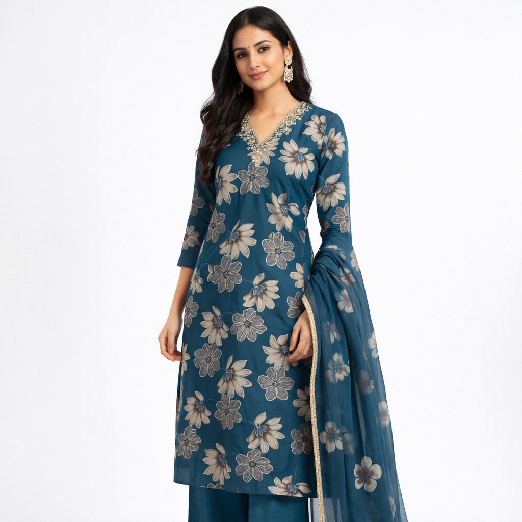 Elegant Cotton Teal Floral embroidered Printed Kurta Palazzo Set with Dupatta