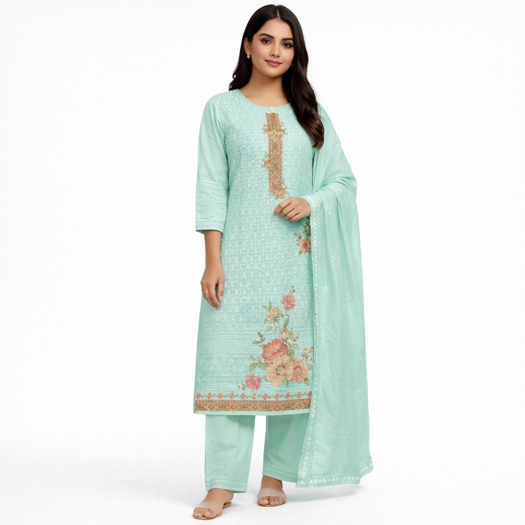 Cotton Mint Green Embroidered Kurta Set with Dupatta