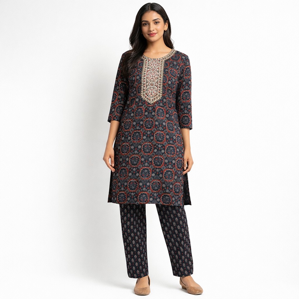 Black Printed Cotton Salwar Suit 3Pc Set with Dupatta