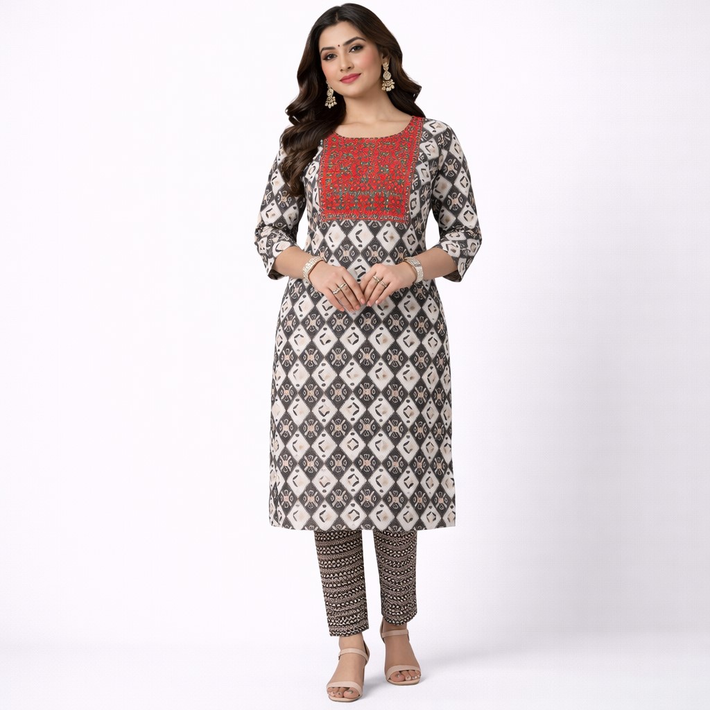 Black & White Printed Kurti 2 Pc Set with Red Embroidery