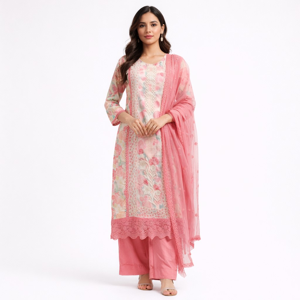 Pastel Pink Cotton Floral Embroidered Kurta Set with chiffon Dupatta