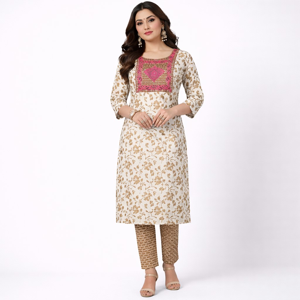 Cream Printed Kurti 2 Pc Set with Pink Embroidery