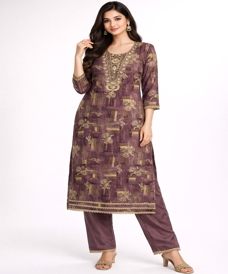 Fancy plumGold Embroidered Kurta Set with Dupatta