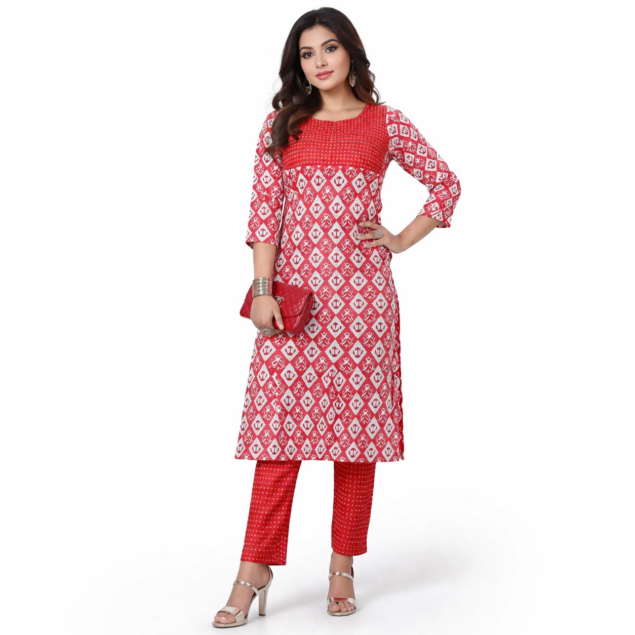 Red & White Printed Kurti 2 Pc Set