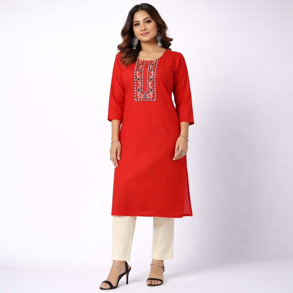 Bright Red Kurti 2 Pc Set with Embroidered Neck