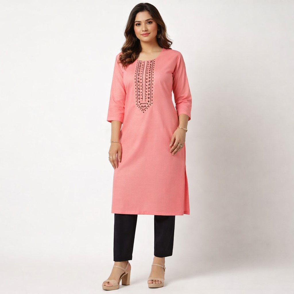 Coral Pink Kurti 2 Pc Set with Embroidered Neck