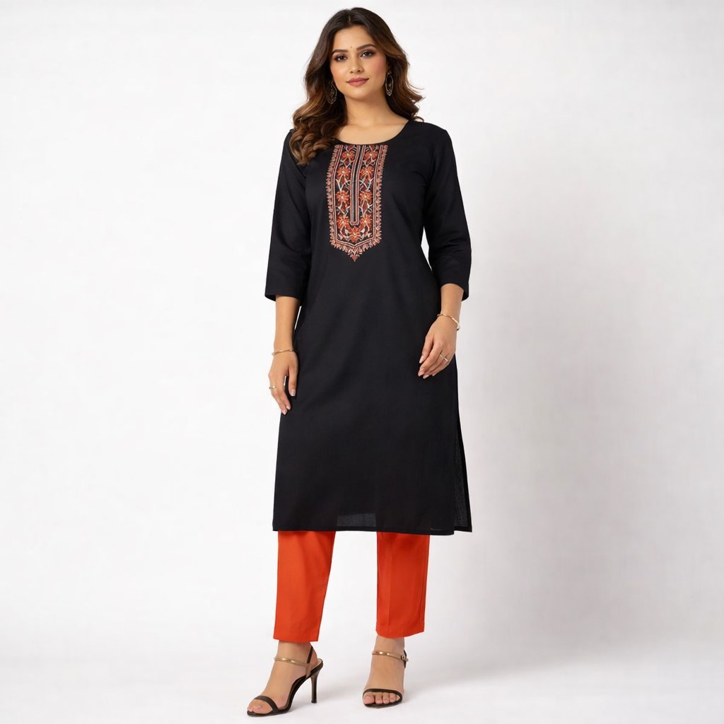 Jet Black Kurti 2 Pc Set with Embroidered Neck