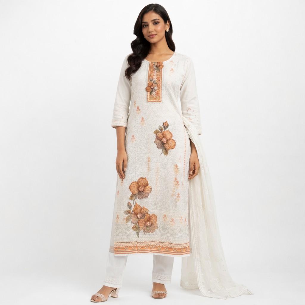 White Printed with Stone work Floral 3Pc Set