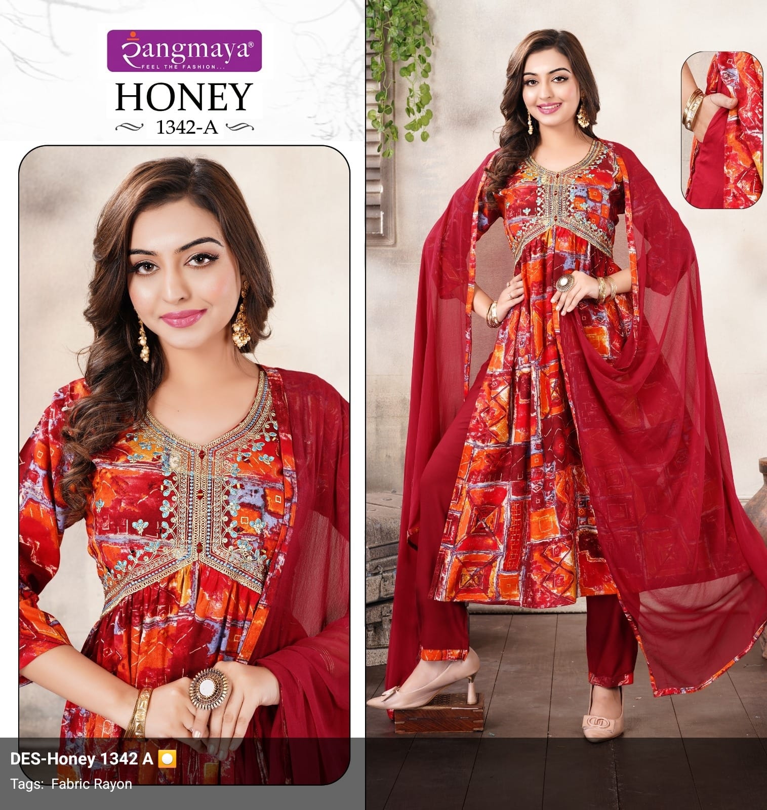 Rayon Vibrant red and multicolor printed Aliya set