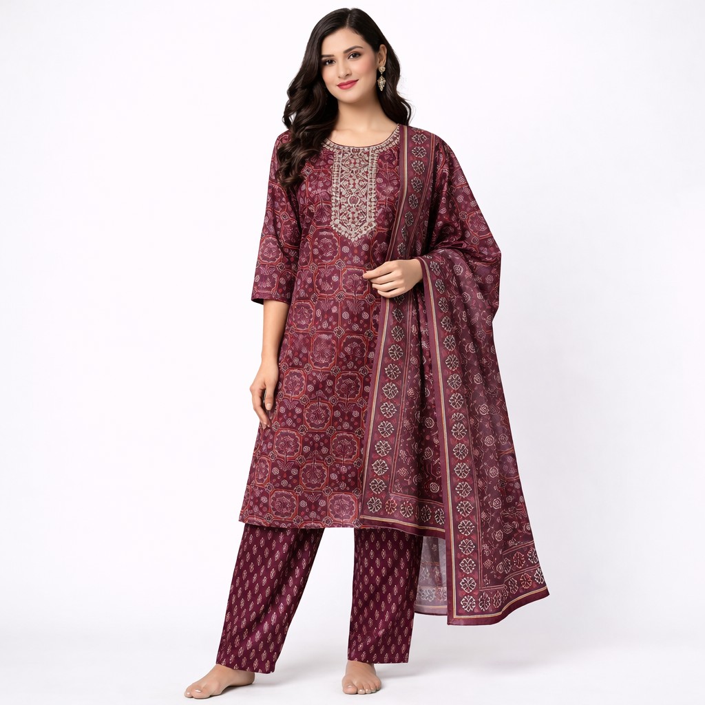 Maroon Gold Printed Cotton Salwar Suit Set with Dupatta