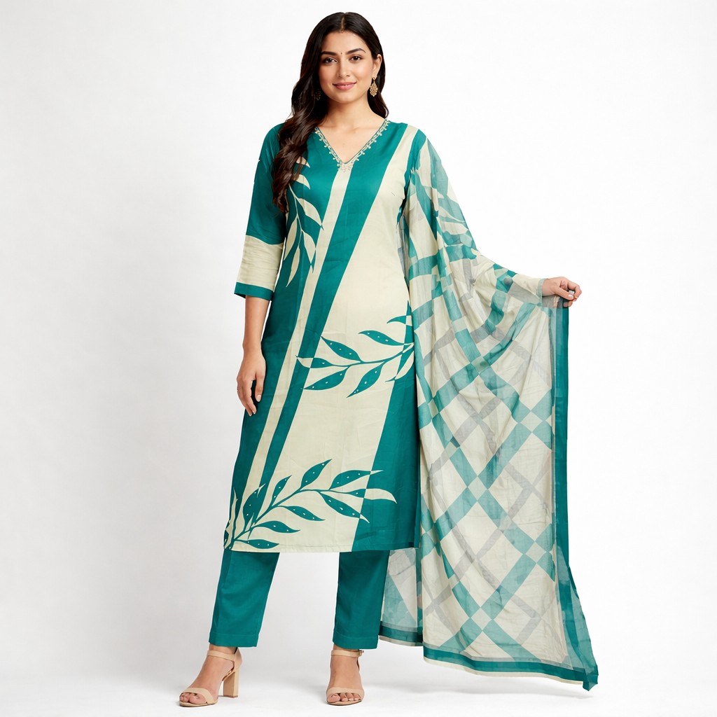 Teal & Cream Cotton Printed Kurta Set with Dupatta