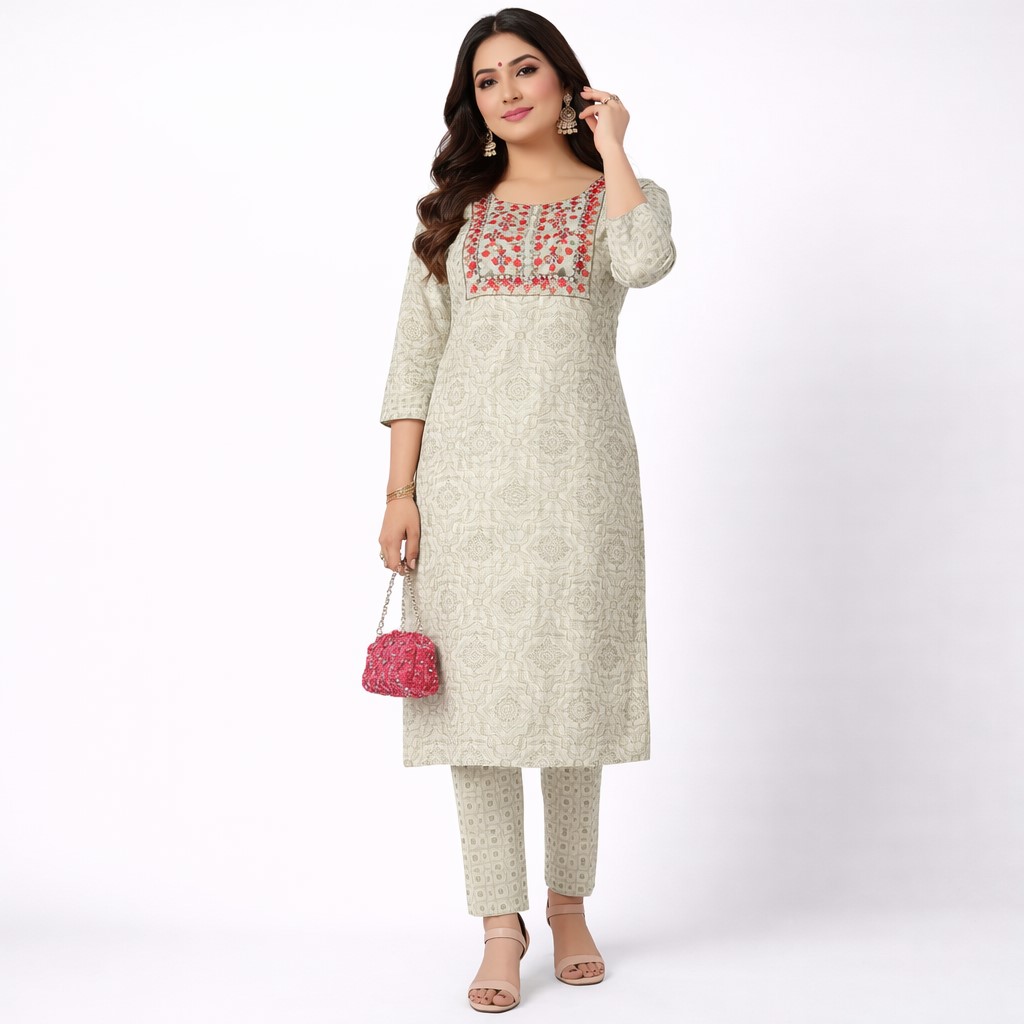 Light Beige Kurti 2 Pc Set with Red Embroidery