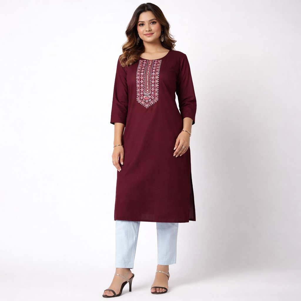 Burgundy Kurti 2 Pc Set with Embroidered Neck